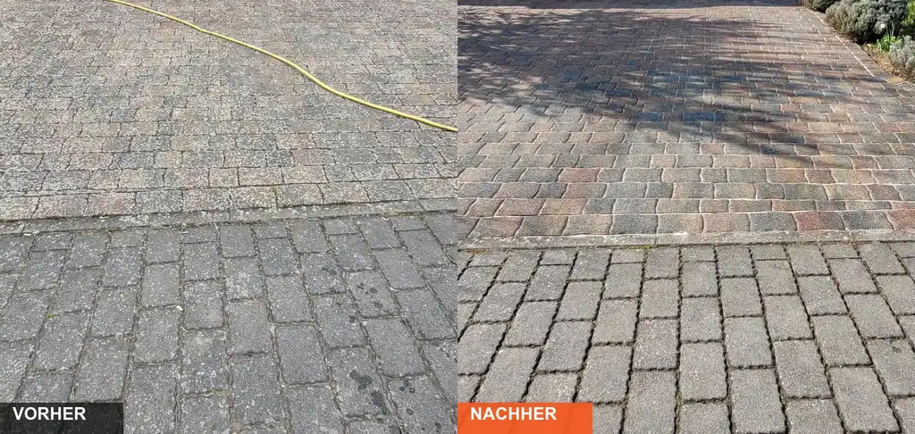 Vorher-Nachher-Vergleich einer professionellen Pflasterreinigung: Verschmutzte Einfahrt links, gründlich gereinigte Pflastersteine rechts.