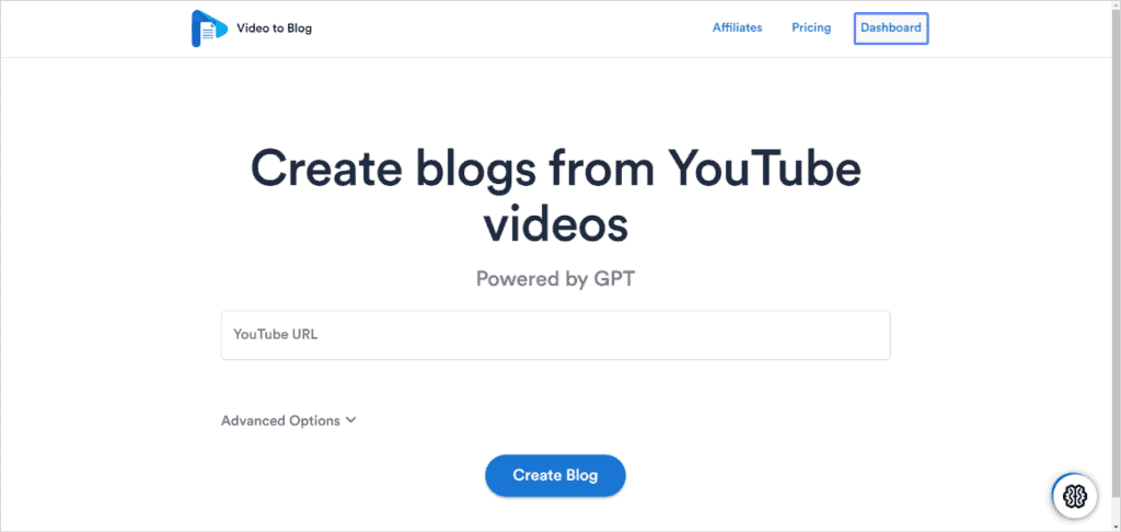 VideoToBlogの使い方:YouTube動画からブログ記事を作るAIツール VideoToBlogをアップグレードをするのは簡単ですまずはダッシュボードを押します