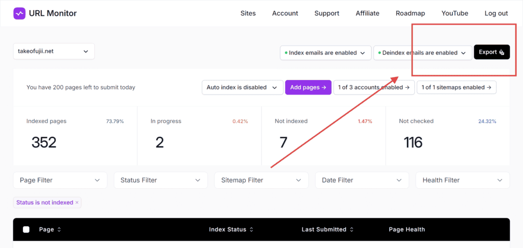 ブログ記事のインデックス登録を瞬時に!URL Monitorの使い方・機能を解説!ブロガー必須の"裏技"ツール URL Monitorで動員で X 状態になっている記事や ページの情報をダウンロードしたい場合は 右上のエクスポートのボタンを押すと ダウンロードできる