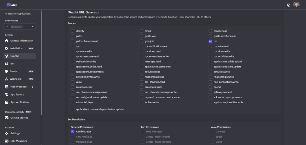 アプリケーションを設定するために選択可能なスコープと権限を示す、ダークなテーマの OpenClaw OAuth2 URL Generator インターフェースのスクリーンショット。.