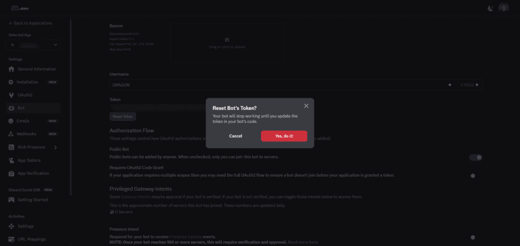OpenClaw Bot のトークンをリセットしますか？"というポップアップ・ウィンドウが表示され、リセットをキャンセルするか確認するかのオプションが、アプリケーション設定のための暗いインターフェースに表示されます。.
