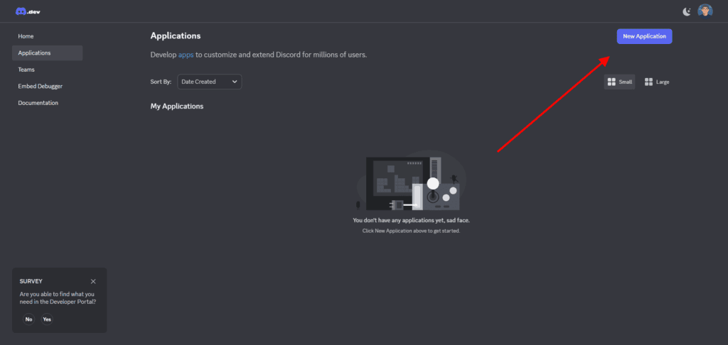 Discord Developer Portal の "Applications" ページのスクリーンショット。赤い矢印が "New Application" ボタンを強調しています。.