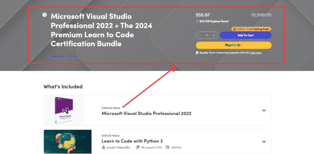 StackSocial の Microsoft Visual Studio Professional 2022 と Python 3 コースのセール ページのスクリーンショット。1,999 ドルから 55.97 ドルへの大幅割引が紹介されています。PayPal を使用して簡単に支払い、1,000 個を超えるゴールド バッジの販売に参加しましょう。.