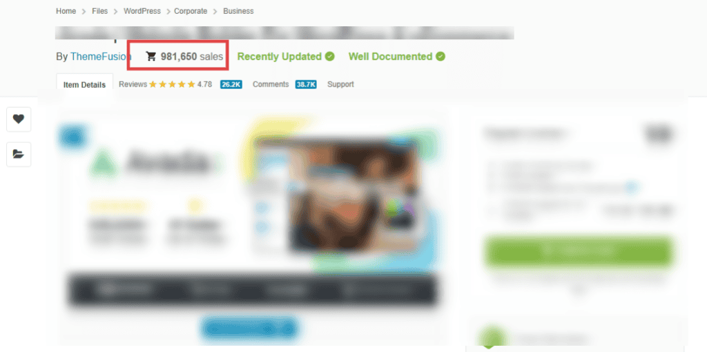 ThemeForest(テーマフォレスト)のテーマをおすすめしない理由:海外有料テーマが安いけどね 981,660 件を超える売上と、更新、ドキュメント、レビュー、コメントの詳細を表示するぼやけた電子商取引ページ。