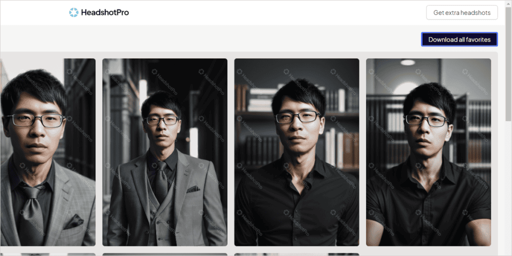 【商用利用OK】AIアバター画像を作れるHeadshotProとは?使い方や料金・注意点 画像をダウンロードするには右上のボタンをクリックするとすべてのお気に入りの写真をダウンロードできます。