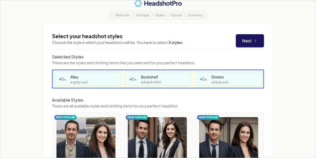 【商用利用OK】AIアバター画像を作れるHeadshotProとは?使い方や料金・注意点 HeadshotProで作成するAIアバターの背景と服装を選択しました。