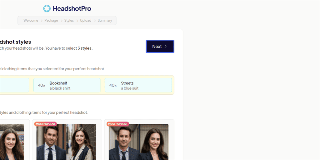 【商用利用OK】AIアバター画像を作れるHeadshotProとは?使い方や料金・注意点 実際にAIアバター画像を作るためにNEXTボタンをクリックします。