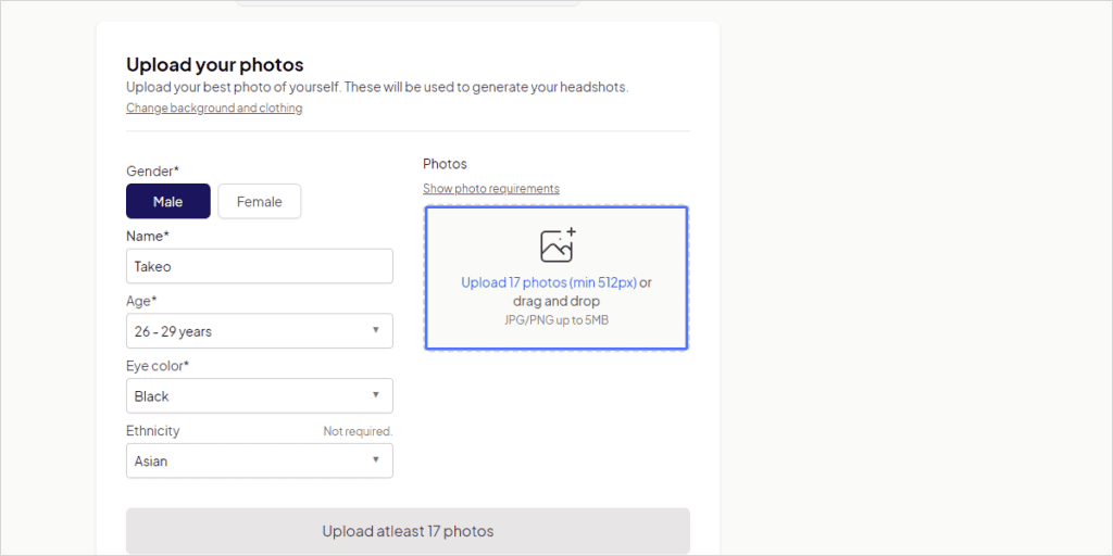 【商用利用OK】AIアバター画像を作れるHeadshotProとは?使い方や料金・注意点 ここで自分の顔写真をアップロードしましょう、顔写真によって自分のAIアバターが作られます。