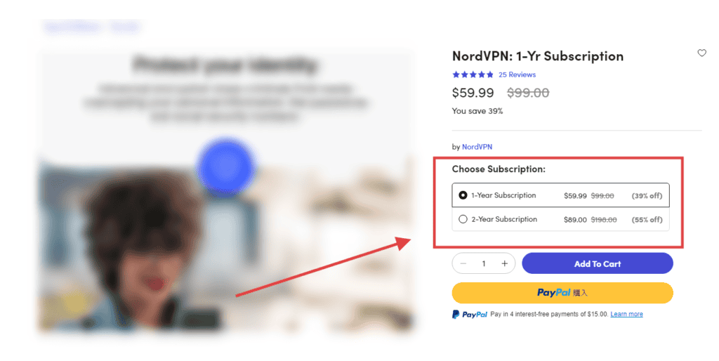 NordVPN サブスクリプション ページのスクリーンショット。1 年プランと 2 年プランの価格と割引オプション、およびカートに追加するオプションが掲載されています。StackSocial 限定オファーでさらにお得にお買い物をお楽しみください。.