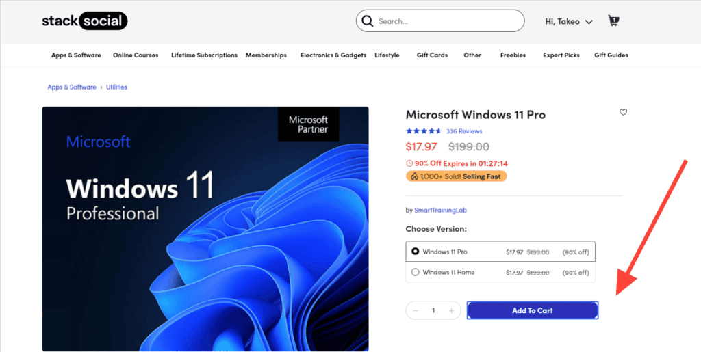 StackSocial ウェブページでは、Microsoft Windows 11 Pro を 199.00 ドルから 17.97 ドルに値下げした特別セールを開催しています。有効期限の詳細を調べたり、ユーザーのレビューを読んだり、ショッピングカートのオプションを調べたりして、スムーズなショッピングをお楽しみください。.