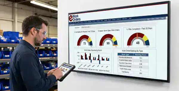 Maintenance technician using a tablet in front of a wall-mounted monitor showing the eWorkOrders maintenance KPI dashboard in a parts storeroom