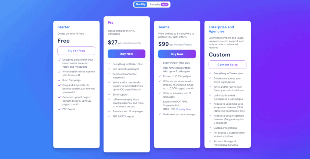 4 つのプランの価格表: Starter (無料)、Pro (ユーザーあたり月額 27 ドル)、Teams (ユーザーあたり月額 99 ドル)、Enterprise (カスタム)。各層ごとに機能が増え、月次/年次請求を切り替えることができます。.