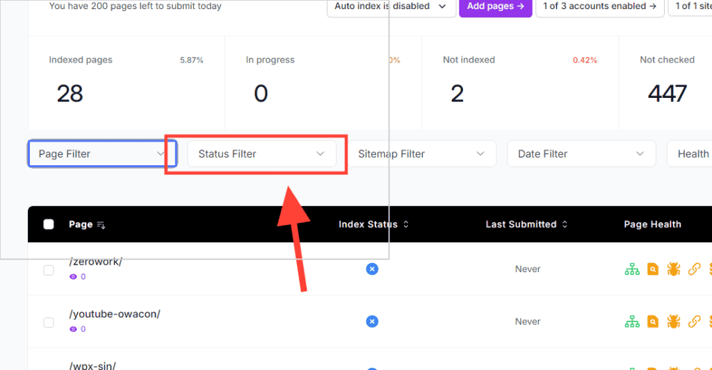 ブログ記事のインデックス登録を瞬時に!URL Monitorの使い方・機能を解説!ブロガー必須の"裏技"ツール ノーインデックス状態の記事やページをインデックスするためにはステータスフィルターを使う