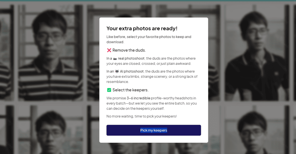 【商用利用OK】AIアバター画像を作れるHeadshotProとは?使い方や料金・注意点 まずはお気に入りを選びましょう。HeadshotProで作られた画像のすべてが最高品質のものではありません。自分にとって理想的なAIアバター画像を選択しましょう。