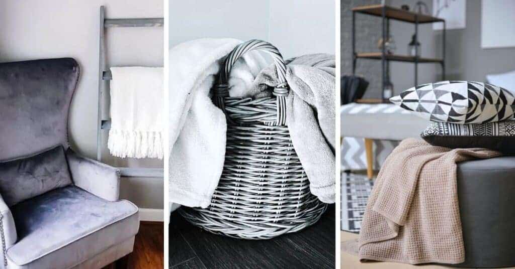 Collage of photos of blankets in a home