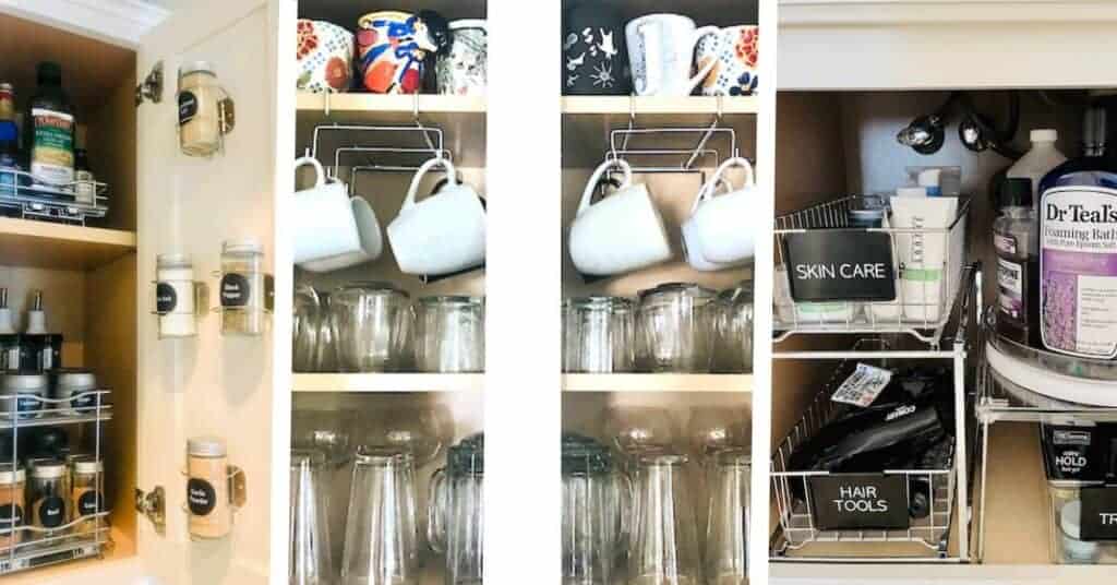 Collage of photos showing organized cabinets