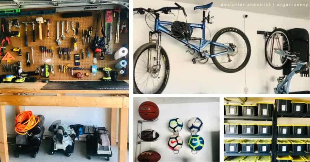 Collage of photos showing an organized garage workbench, bikes on wall hooks, sports balls and labeled bins