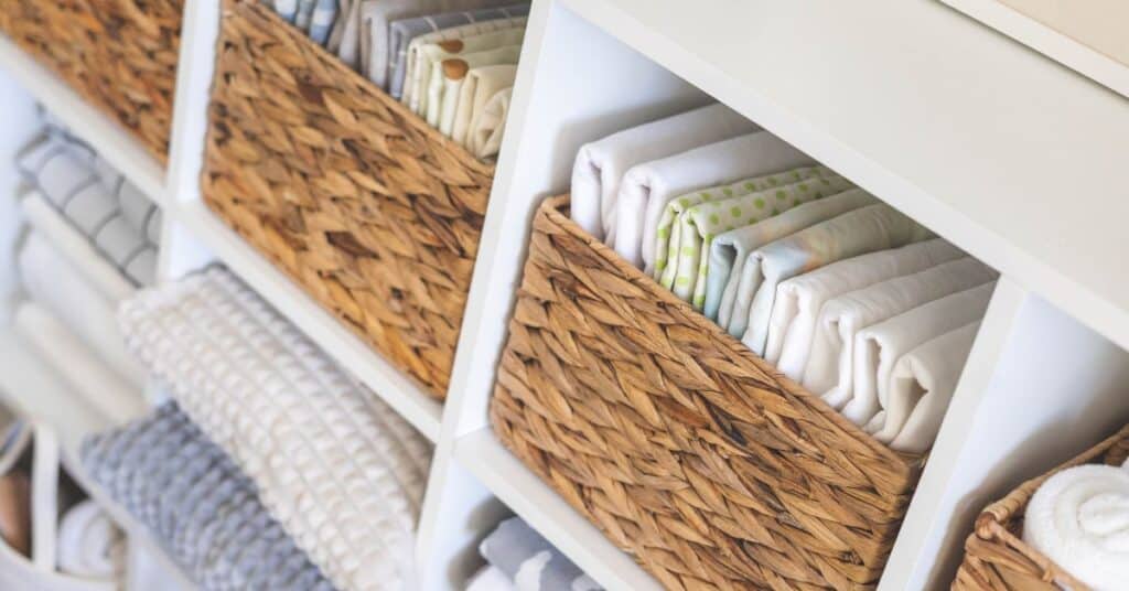 Linen closet items stored in woven baskets