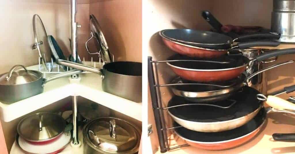 Collage of photos of pots and pans in kitchen cabinets