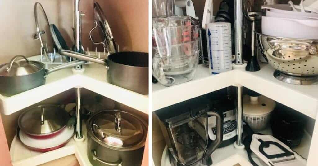 Collage showing two ways to organize a Lazy Susan cabinet in the kitchen