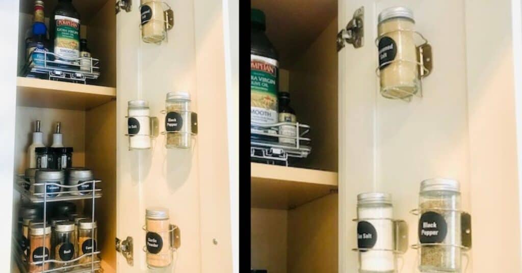 Spices stored in a kitchen cabinet