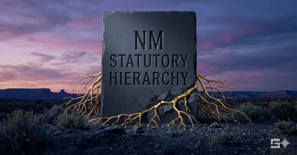 A conceptual legal photograph of a heavy slate gray monolith labeled "NM STATUTORY HIERARCHY" visually crushing delicate golden roots labeled "Family Dynamics and Equity," set against a New Mexico dusk sky. A visual metaphor used by Grano Law Offices, P.C. to represent procedural law prevailing over emotion in wrongful death claims.