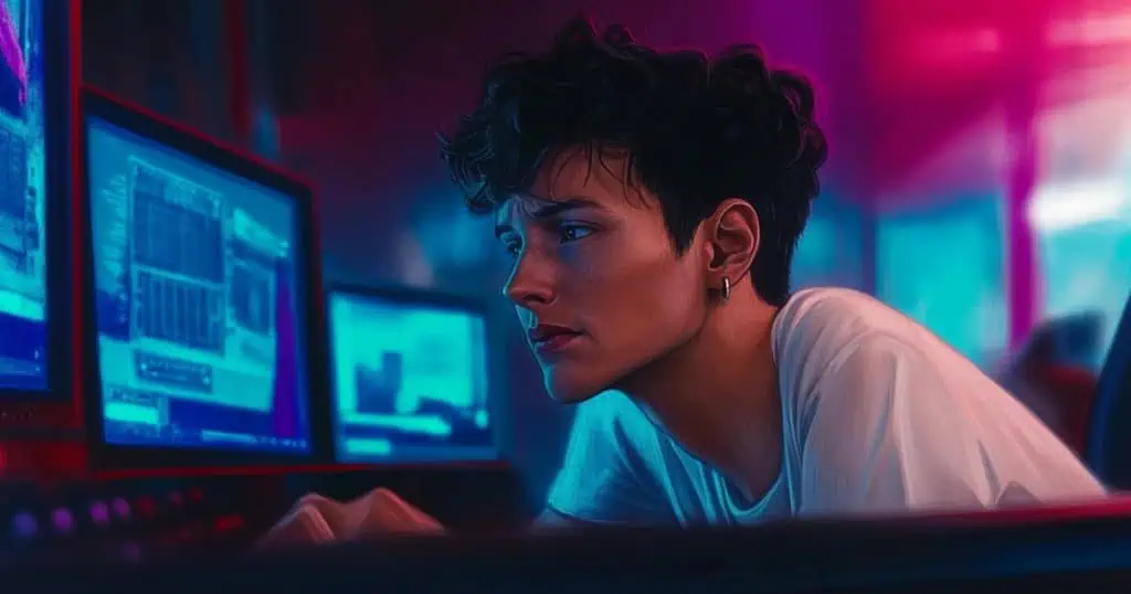 Hypebot, digital music producer, young woman working on music production, music technology, electronic music, music industry innovation, computer screens with music software, modern music creation, vibrant nightclub lighting.