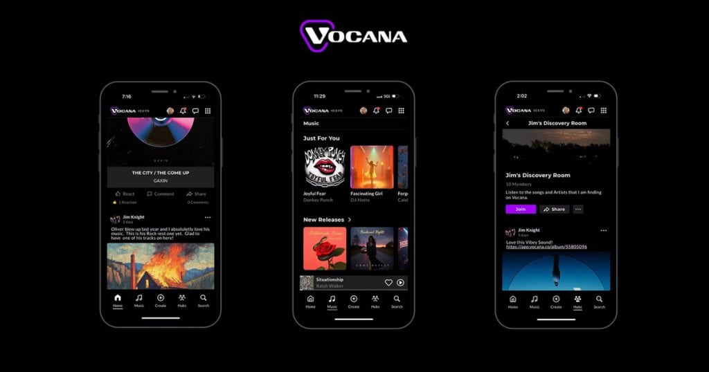 An image showcasing the Vocana music app interface on smartphones, highlighting features like music discovery, community rooms, and new releases for music fans and artists.