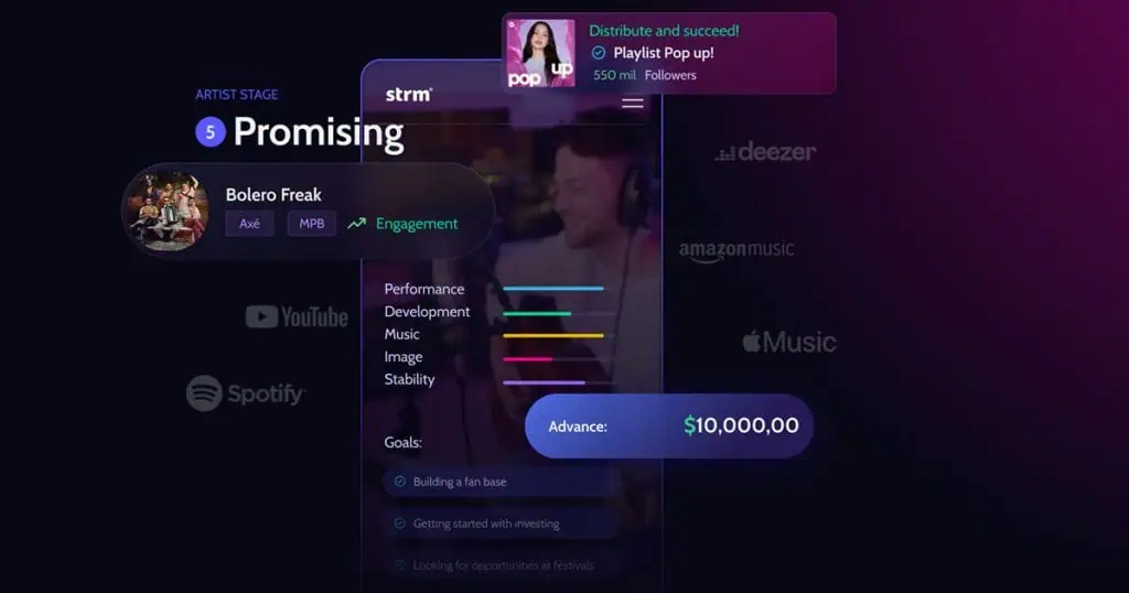 1. Digital artist platform showcasing music promotion, streaming, engagement metrics, and innovative tools for musicians and industry professionals.