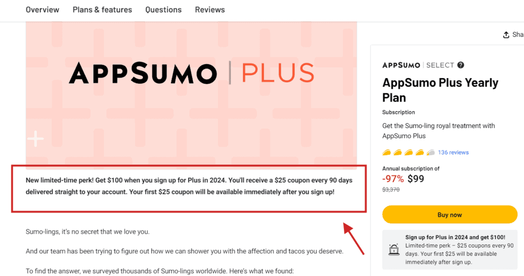 AppSumoのVIP会員「AppSumo Plus」とは?料金やメリット・デメリットを解説! AppSumo Plusに参加すると100ドル分のクーポンがもらえます