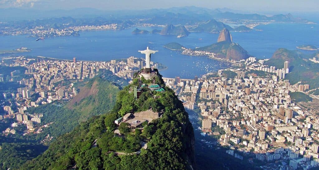 Aerial view of Christ the Redeemer on Corcovado mountain overlooking Rio de Janeiro