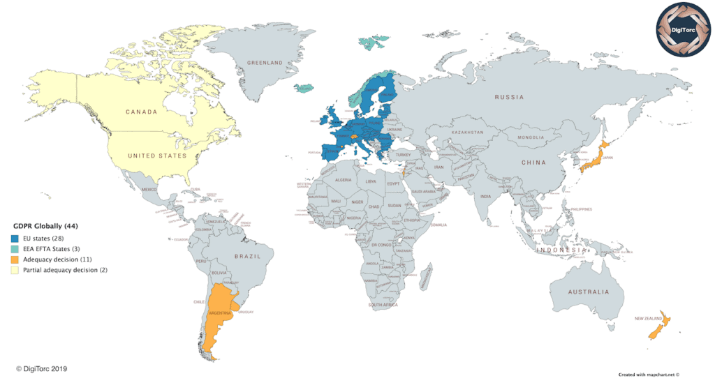 Which countries are safe for personal data processing, countries highlighted on a world map
