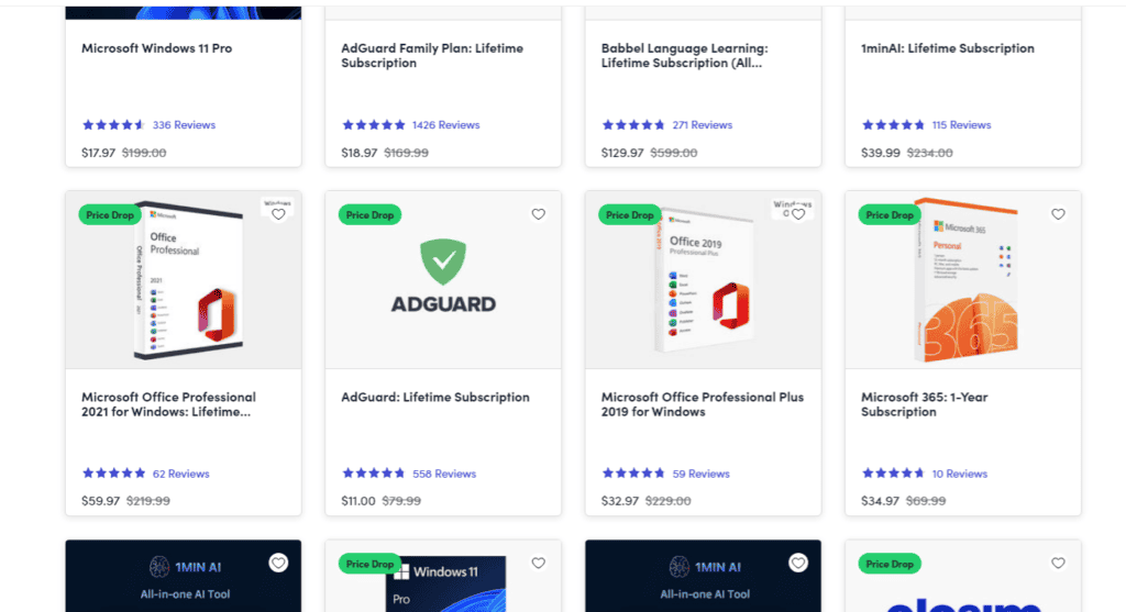 Microsoft Office や AdGuard などのソフトウェア サブスクリプション オプションのグリッド。価格、レビュー、値下げタグがオンライン ストア インターフェイスに表示されます。.