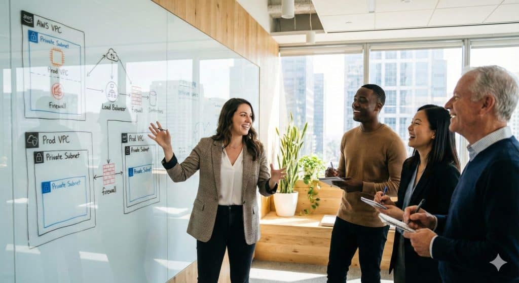 Cloud Solutions Architect diseñando una estrategia de migración multi-nube en una pizarra en una oficina de Estados Unidos.