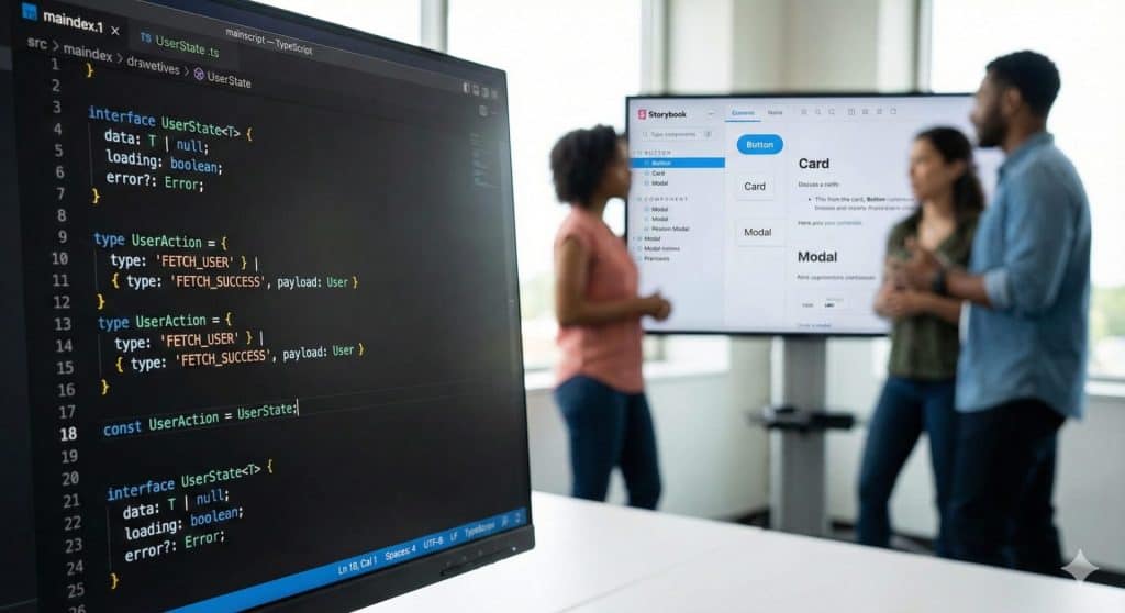 Lead Frontend Developer revisando arquitectura de componentes en React y TypeScript en una empresa de Estados Unidos.