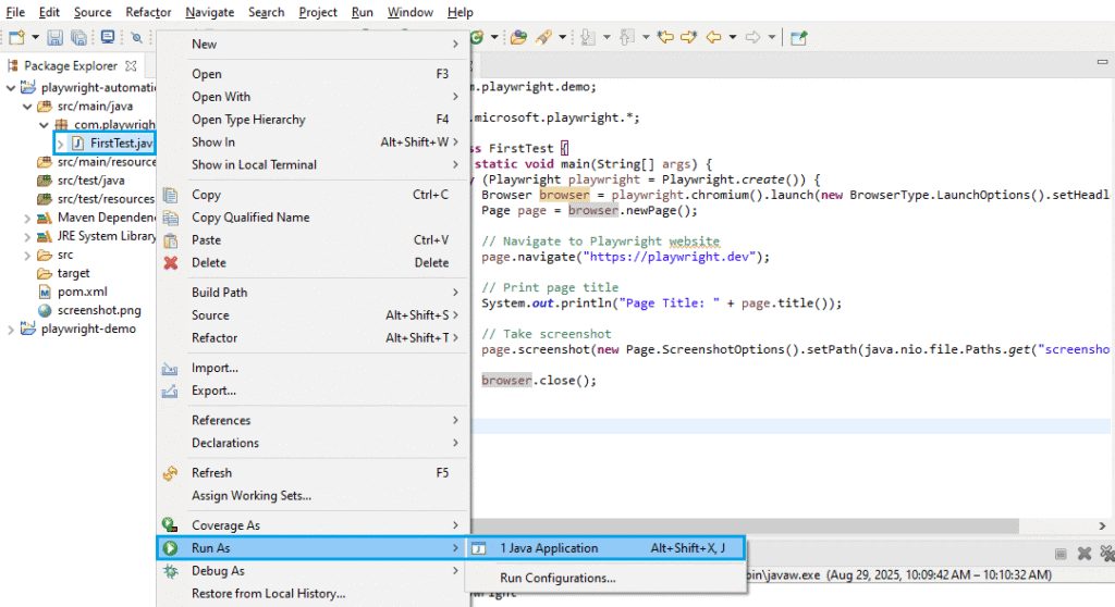 Run Playwright Java test in Eclipse using Run As > Java Application