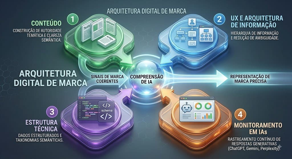 Diagrama colorido de Arquitetura Digital de Marca com etapas de Conteúdo, UX, Estrutura Técnica e Monitoramento em IAs, levando à Compreensão de IA e Representação de Marca Prec