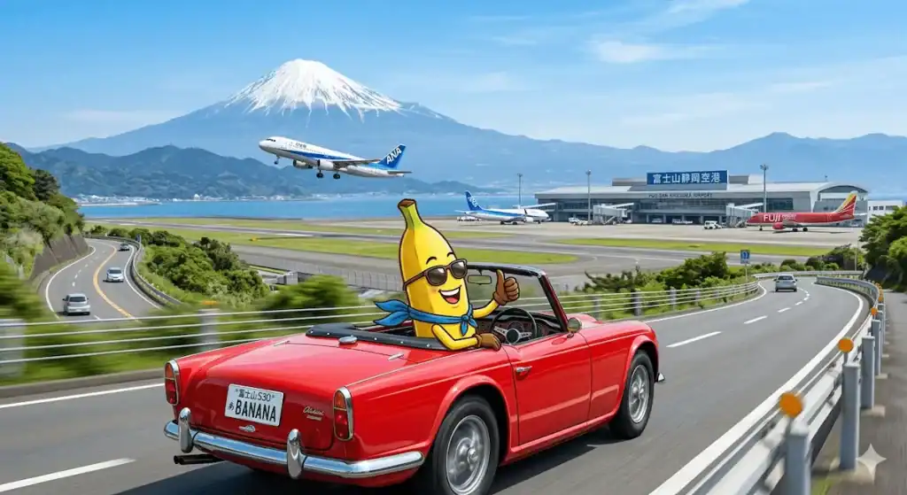 静岡空港エリアのドライブを楽しむバナナ君
