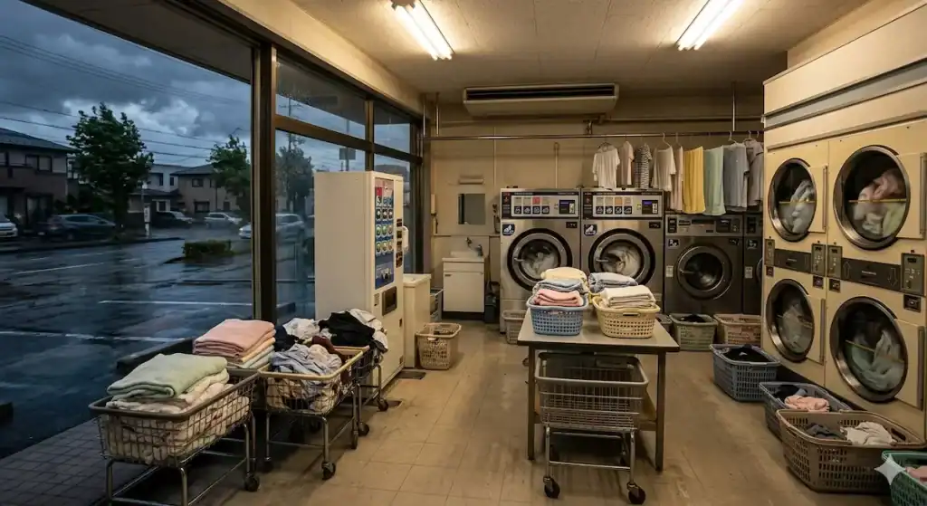 台風前にコインランドリー