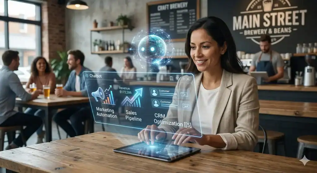 Business woman using AI in a coffee shop
