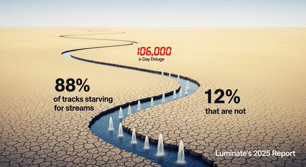 Dry cracked earth with a winding stream representing streaming data; overlay text highlights streaming statistics from Luminate's 2025 report.