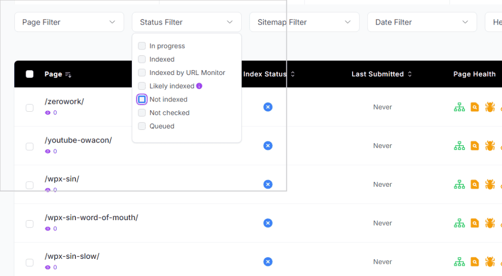 ブログ記事のインデックス登録を瞬時に!URL Monitorの使い方・機能を解説!ブロガー必須の"裏技"ツール Not indexedを押すとノーインデックス状態の記事やページのみが表示される