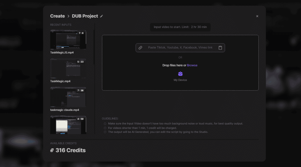 Dubverse AIの使い方・動画をAIで吹き替える!自動の吹き替え作成アプリが凄すぎる! 動画をアップロードします。YouTubeやVimeoからもアップロードが可能です。