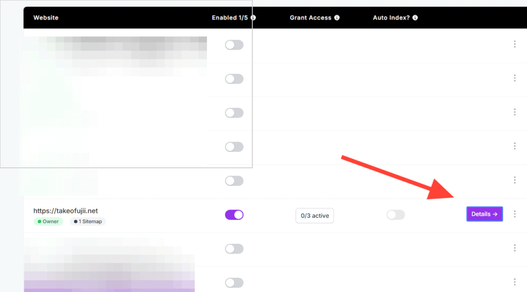 ブログ記事のインデックス登録を瞬時に!URL Monitorの使い方・機能を解説!ブロガー必須の"裏技"ツール 設定を行い detailsの項目を押すとURL Monitorにあなたのサイトのインデックス促進するための連携を行うことができる