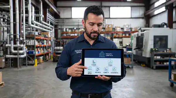 Facilities maintenance technician in an industrial plant holding a tablet displaying a facility asset hierarchy diagram