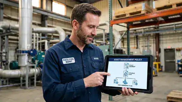Facilities maintenance manager in an industrial plant holding a tablet displaying the ISO 55001 asset management policy documentation structure