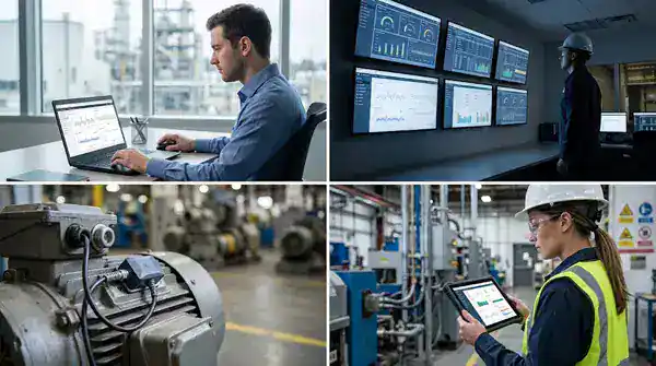 Photo collage of predictive maintenance analytics: a maintenance analyst reviewing sensor data charts on a laptop, an industrial control room with wall-mounted monitoring dashboards, a wireless vibration sensor mounted on an industrial motor, and a technician reviewing a tablet dashboard on the plant floor
