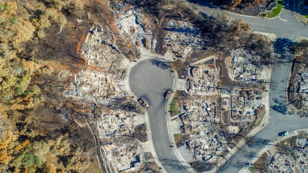 A Drone Shot of a Destroyed Neighborhood in California Due to a Wildfire