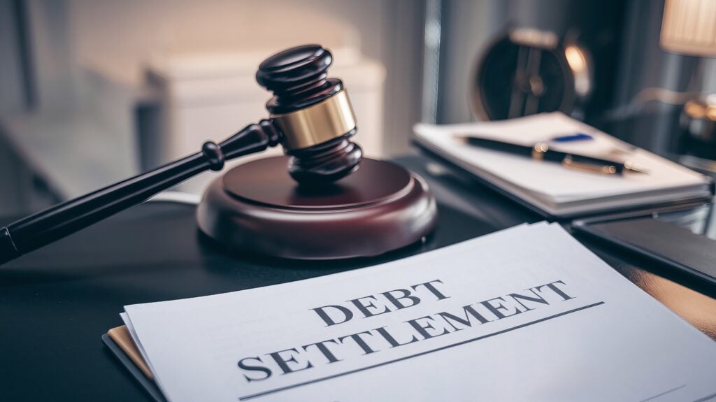 A gavel rests on a document titled debt settlement..