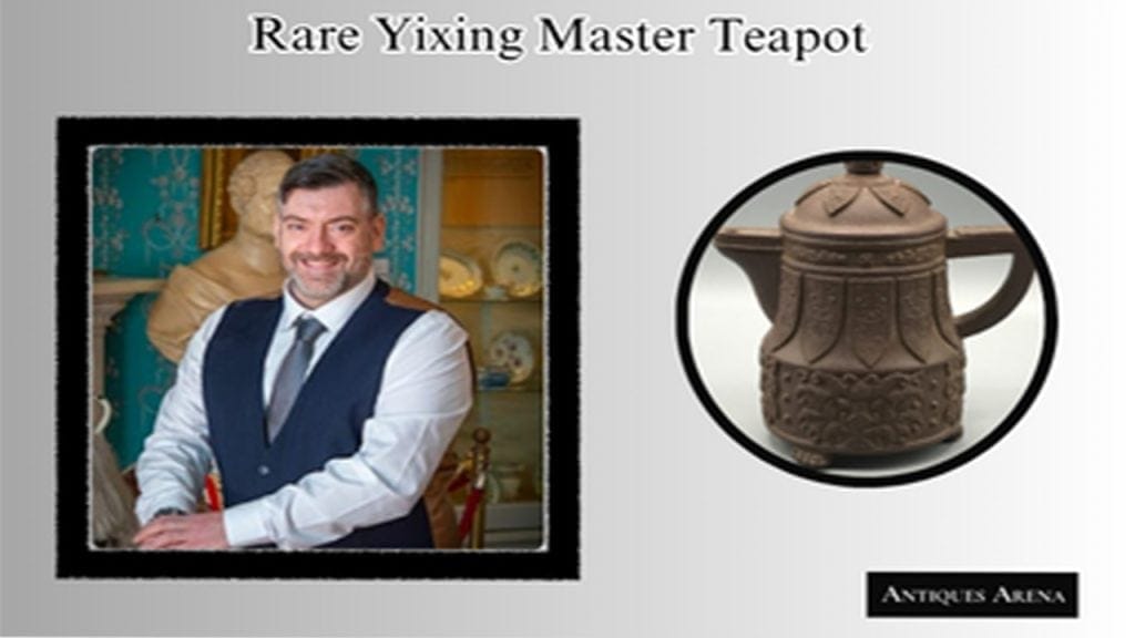 Walter O'Neill standing beside rare Yixing teapot discovered at a South Wales car boot sale